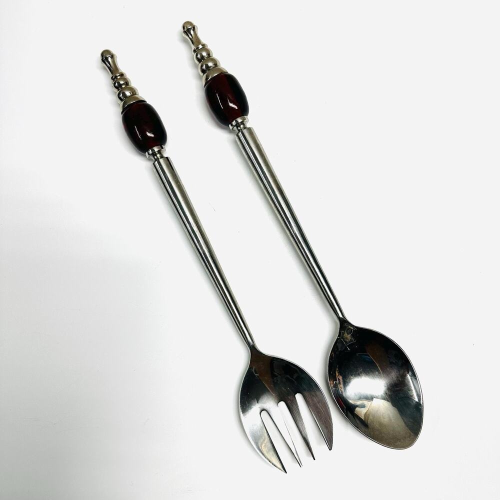 Retired Pottery Barn Red Glass Bead Long Fork Spoon Salad Serving Set India